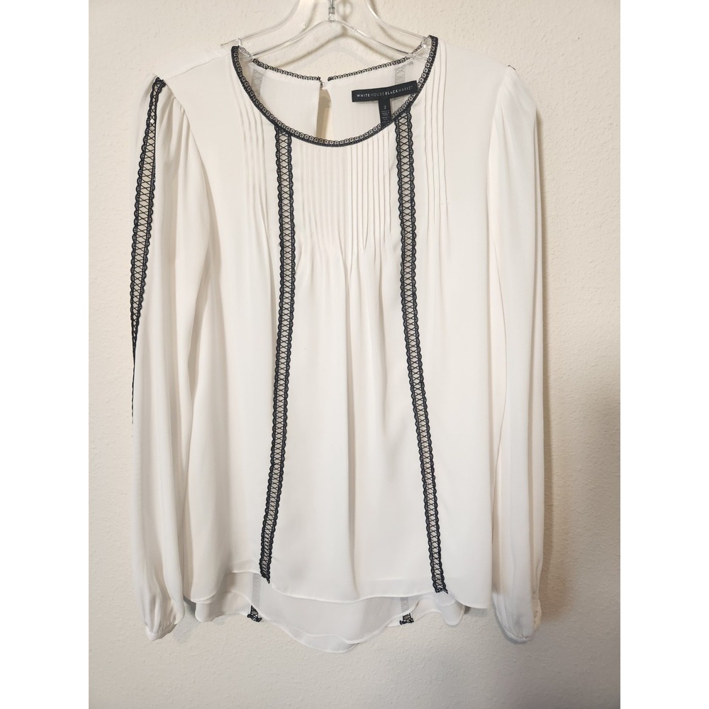 White House Black Market Black Lace Pleated Blouse Chiffon Hi/‎ Small Size 2